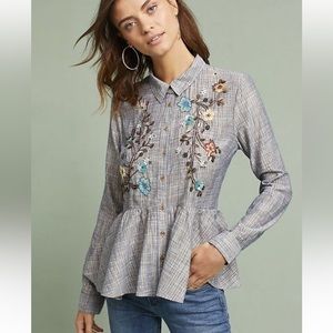 ANTHROPOLOGIE ELLA EMBROIDERED PEPLUM SHIRT SIZE MEDIUM